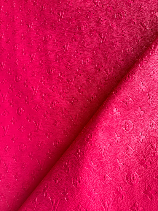 Hot Pink LV Monogram Embossed Leather Fabric for Customized Bag Shoes