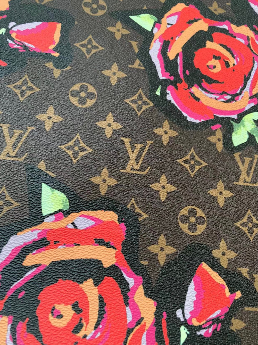 Beautiful Red Flower Brown LV Leather Custom Material for Sneakers Bag By The Yard