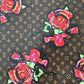 Beautiful Red Flower Brown LV Leather Custom Material for Sneakers Bag By The Yard