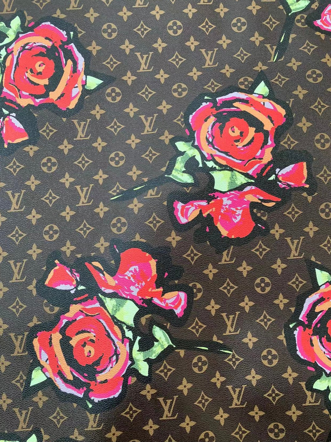 Beautiful Red Flower Brown LV Leather Custom Material for Sneakers Bag By The Yard